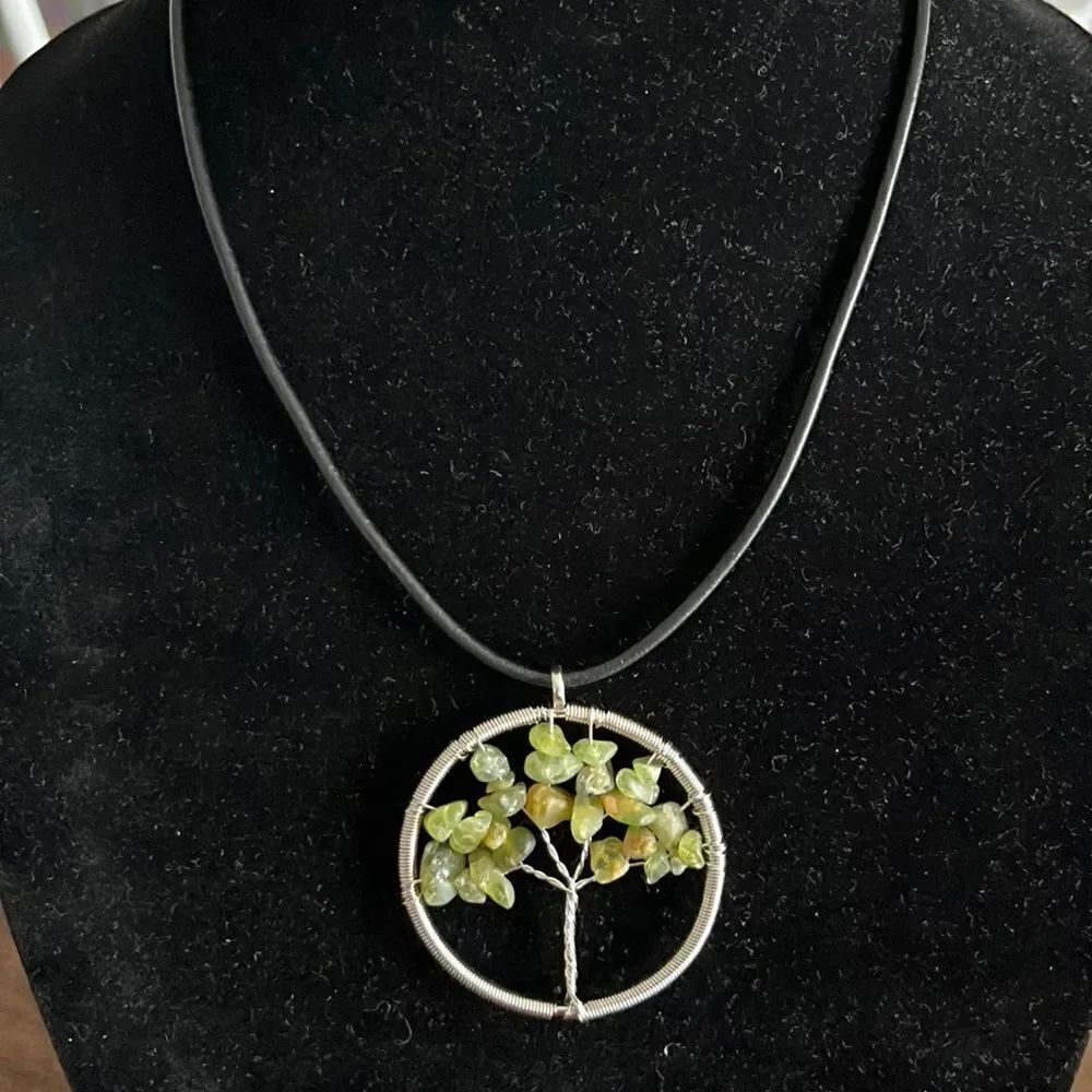 Bohemian Silver-Tone Tree Pendant Green Brown Stones with 18” Leather Cord Neckl
